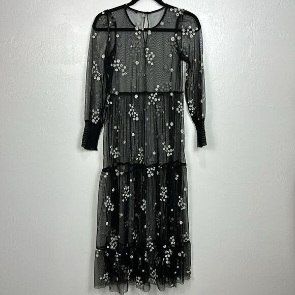 Zara Floral Embroidery Long Sleeve Sheer Maxi Dress In Black Size XS - Picture 4 of 8